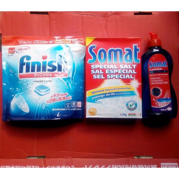 3 Sản phẩm viên rửa bát Finish 150 viên + muối rửa bát Somat 1,2kg + Nước làm bóng somat 500ml dùng cho máy rửa bát