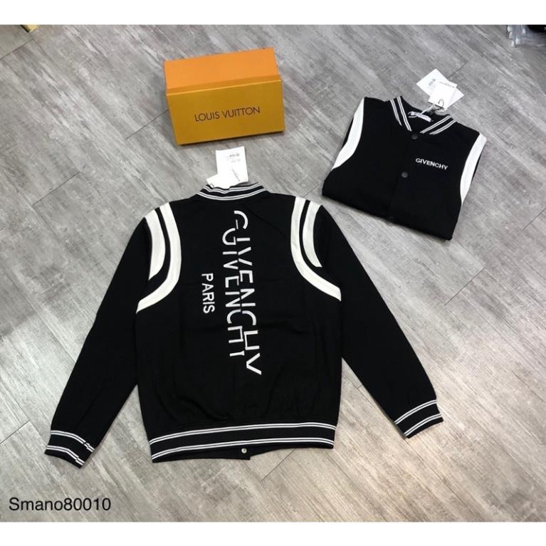 Áo Bomber Givenchy nam nữ, áo khoác Bomber GVC tay da viền trắng thêu chữ dọc lưng