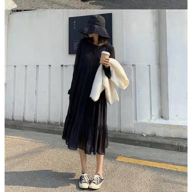 💃 Đầm Midi Trắng Viền Tầng Dài Tay 2 Màu | BigBuy360 - bigbuy360.vn