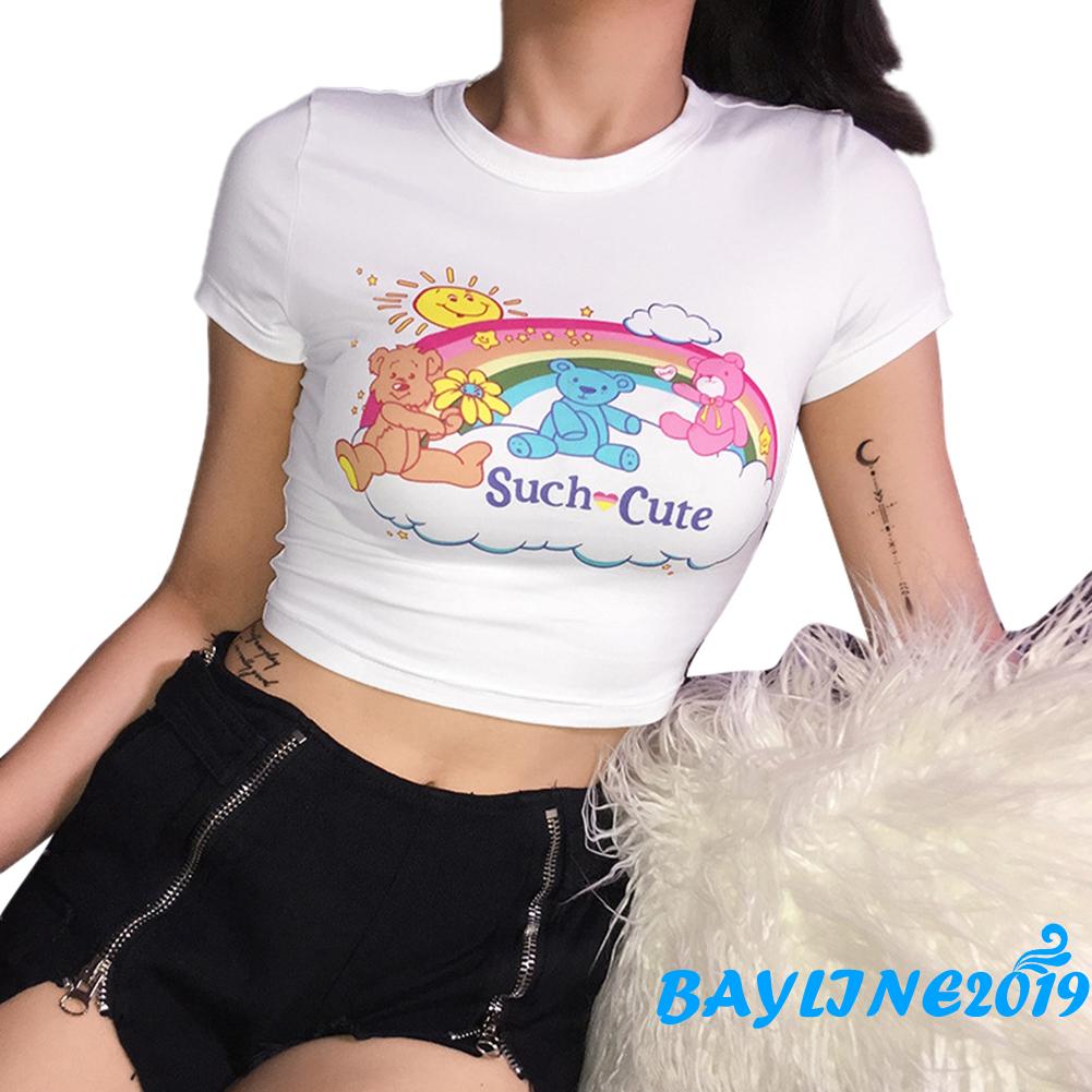 Áo Croptop Tay Ngắn In Hình Cầu Vồng Dễ Thương Cho Bạn Nữ
