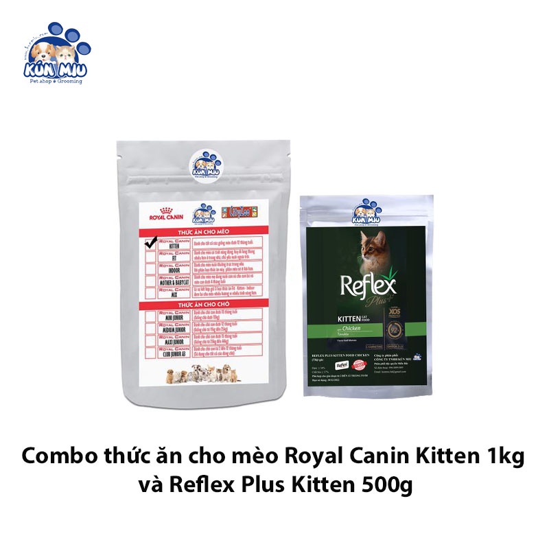 combo thức ăn cho mèo royal canin Fit 1kg và reflex plus adult cá hồi 500g