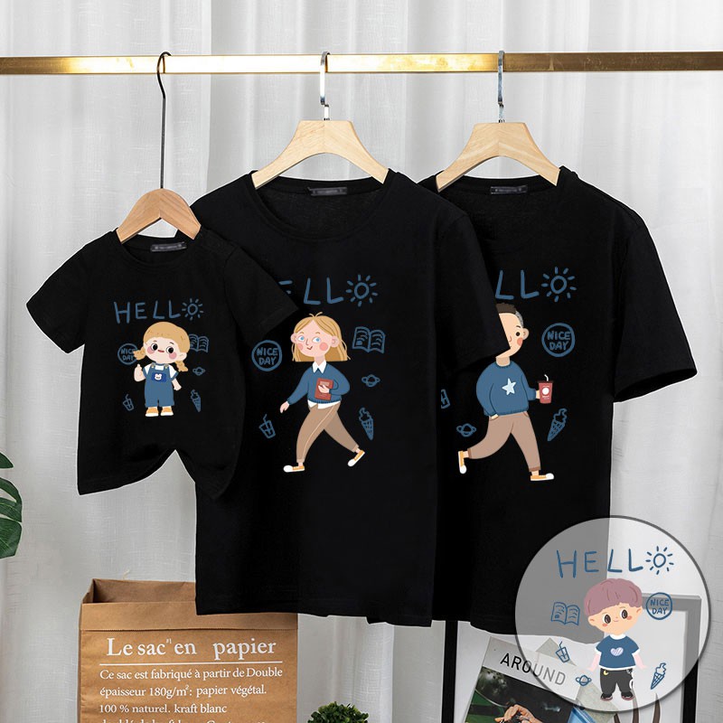 áo gia đình Familylove - đồ gia đình Hello sách vỡ form rộng phối tay chất cotton 100 co giãn loại 1
