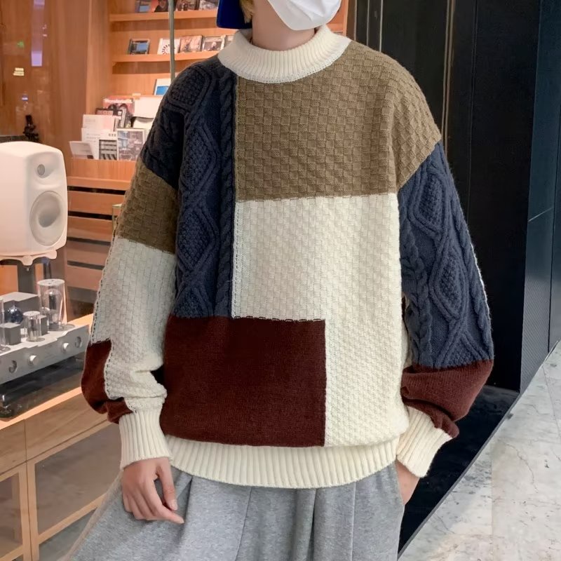 Áo Sweater Dệt Kim Dáng Rộng Màu Sắc Tương Phản Phong Cách Hàn Quốc Thời Trang Thu Đông Cho Nam Giới Size M-2XL