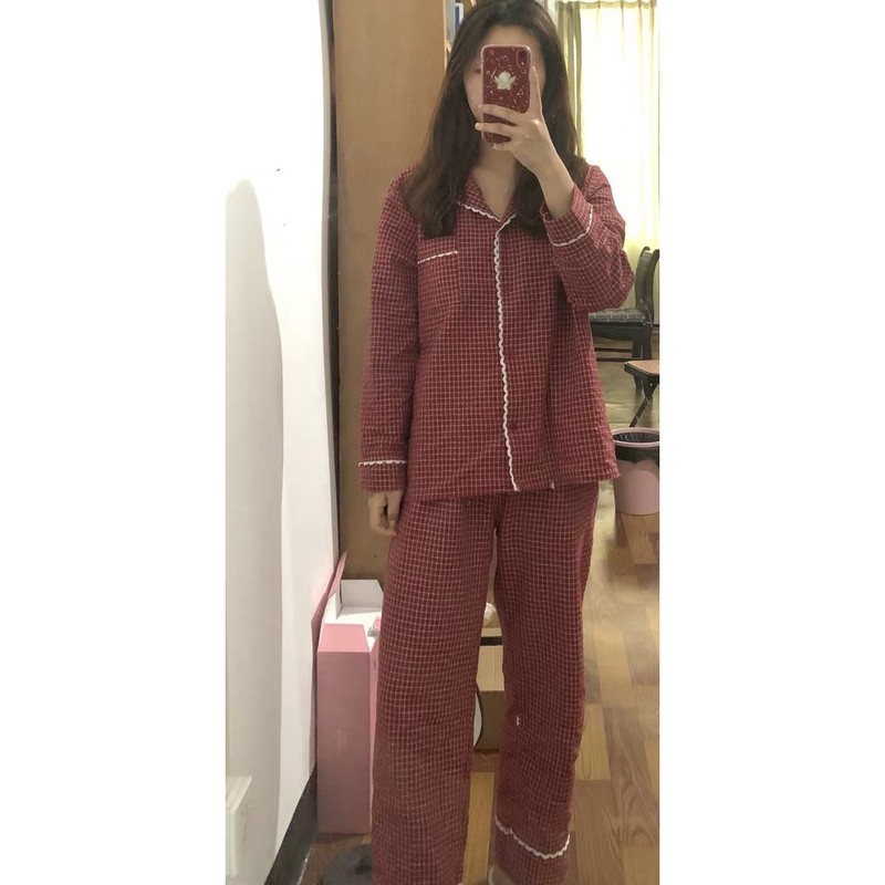 (Ảnh thật cuối) Set pijama đỏ kẻ caro phối ren trắng Hàn Quốc [Yannie]