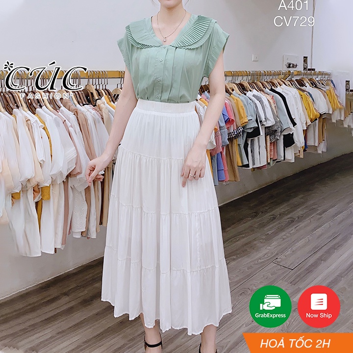 Chân váy xoè dáng dài nữ cao cấp công sở Cúc Fashion CV729 đầm lụa cạp chun