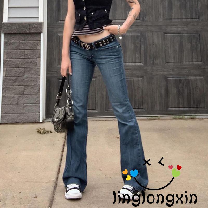 Quần Jean Ống Loe Cổ Điển Thời Trang Phong Cách Hàn Quốc Cho Nữ Linglongxi2-2000s y2k