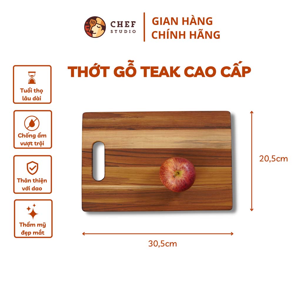 Thớt gỗ Teak Chef Studio cao cấp hình chữ nhật có tay nắm, dùng cho cắt thái và trang trí