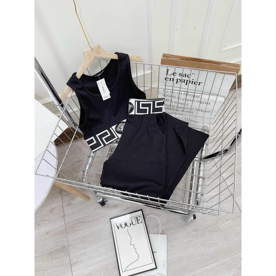 [8.8 Sales Freeship] Set bộ thun đen áo ba lỗ croptop phối màu, quần dài ống suông, set bộ thun gân phối họa tiết