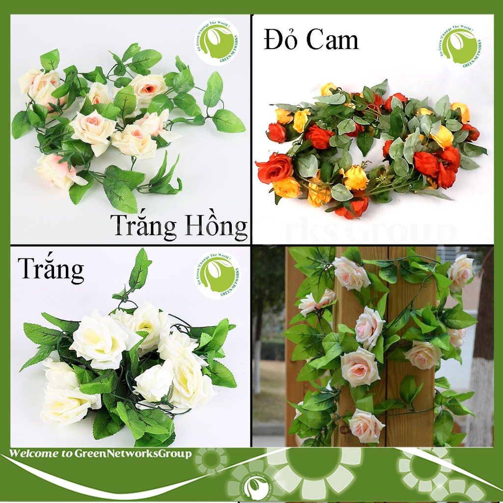 Dây leo hoa hồng giả dài 2m trang trí tường decor phòng khách, bàn làm việc, đám cưới Greennetworks ( 1 Dây 2m )