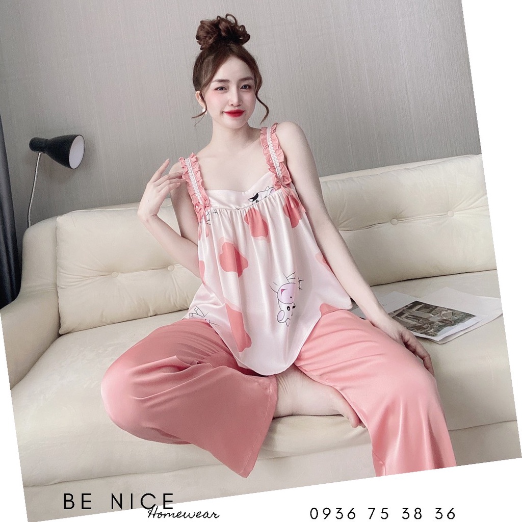 Set dây dài mặc nhà nhún bèo lụa latin Benice Homewear xinh xắn cho nàng