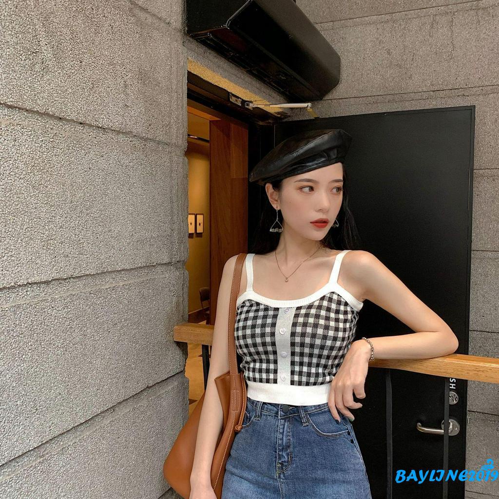 Áo lửng dệt kim hai dây mảnh không tay họa tiết sọc caro cổ điển thời trang cho nữ