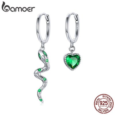 Bamoer Bông Tai bạc 925 Hình Rắn Đính Đá cz Màu Xanh Lá Cây Thời Trang Cho Nữ sce1006