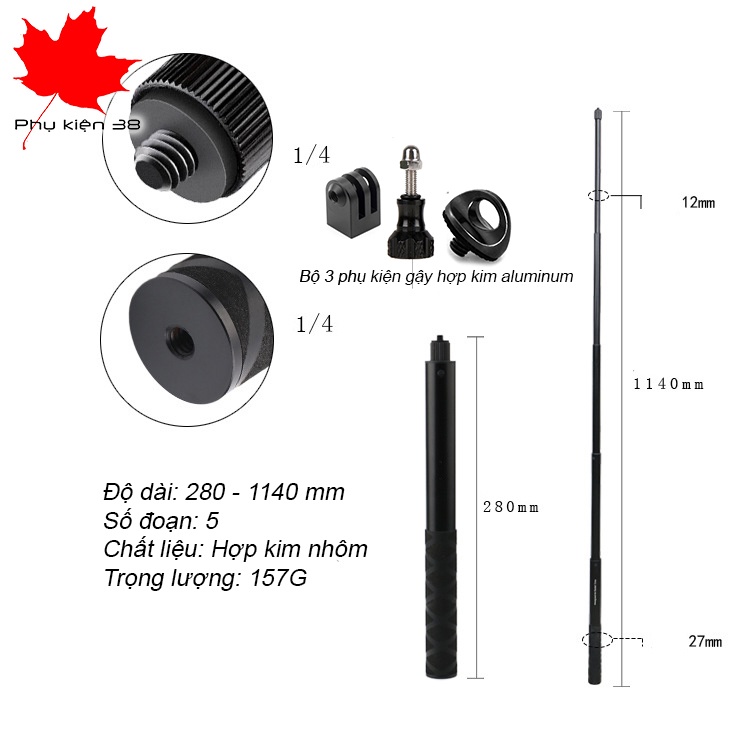 Gậy tripod 3 chân chụp hình - selfie tự sướng 1.1m dùng cho điện thoại, gopro, sjcam eken insta360 hợp kim nhôm