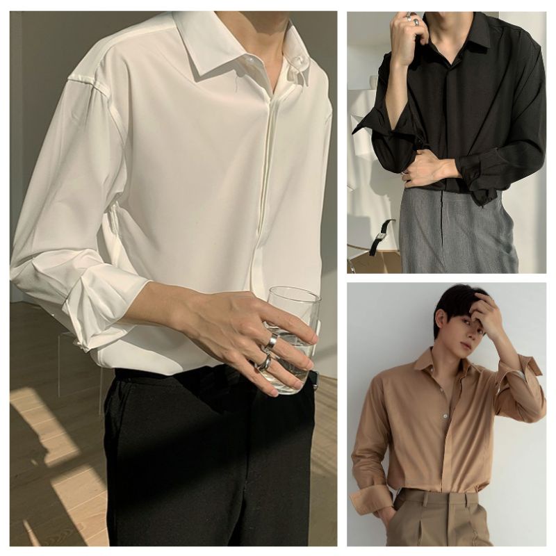 Áo sơ mi nam dài tay form rộng GIẤU NÚT,sơ mi nam trắng Hàn Quốc