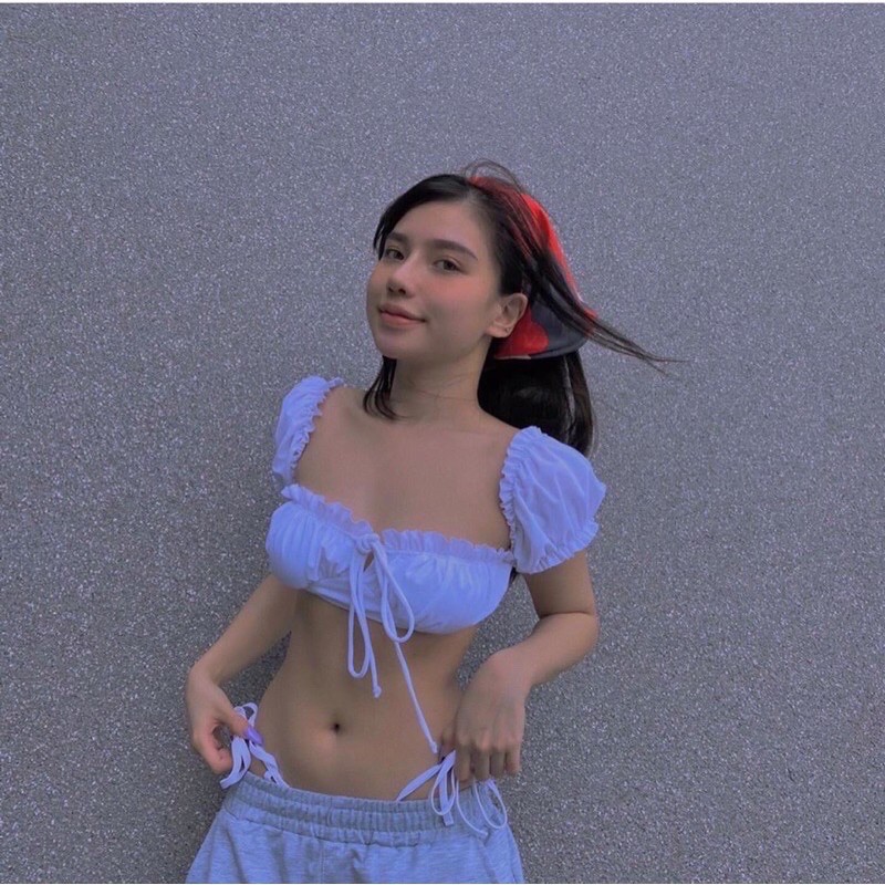 [ HÀNG SẴN] Bikini ❤ FREESHIP❤ 2 mảnh trắng tay phồng, nâng ngực dễ thương