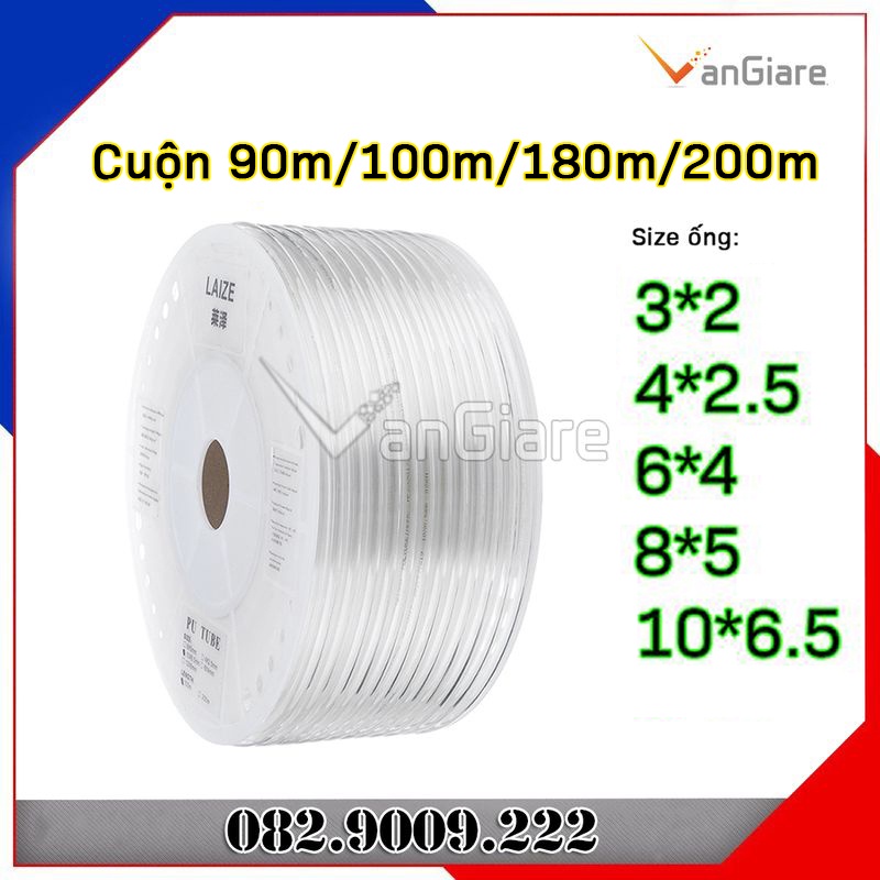 (Bán theo cuộn 90m, 100m, 180m, 200m) Ống khí nén, ống hơi PU 3mm 4mm 6mm 8mm 10mm màu trắng trong suốt