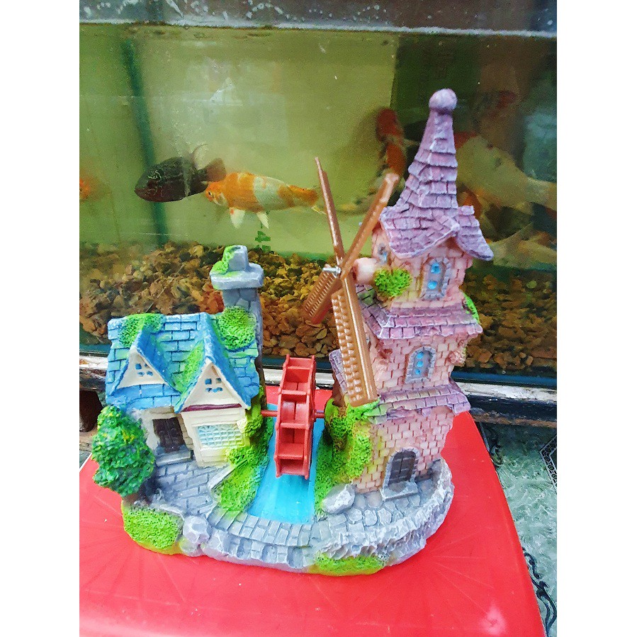 NHÀ CÓ BÁNH QUAY TRANG TRÍ HỒ CÁ NON BỘ 17x9x20CM MẪU 2