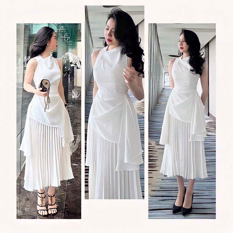 Đầm xòe liền thân xếp ly dáng dài màu Trắng Váy đi tiệc, cưới hỏi bao sang. Size 40-67kg Kèm ảnh thật chất vải