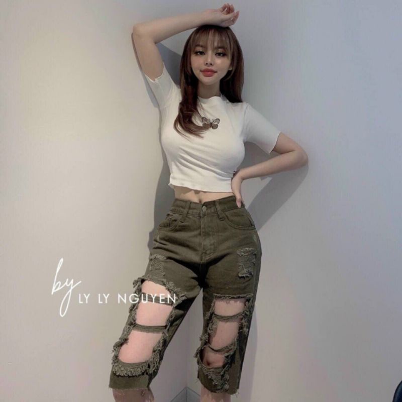 Áo croptop borip thêu vải dày dặn