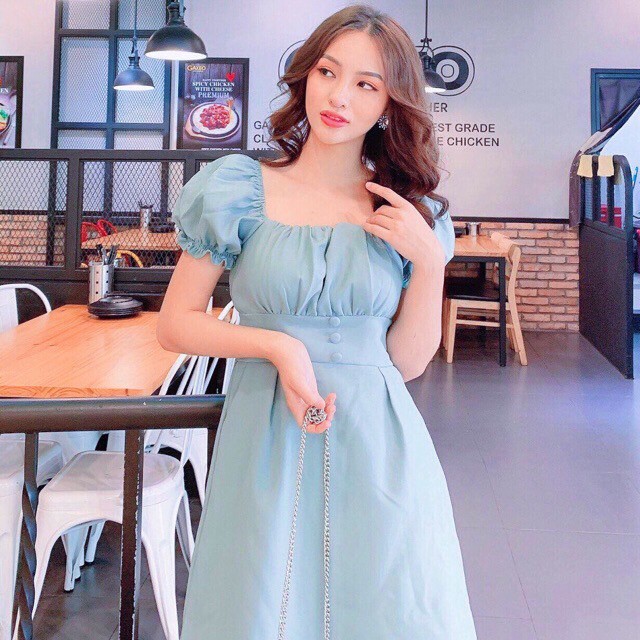 Đầm váy freesize mint cổ U xếp li ngực
