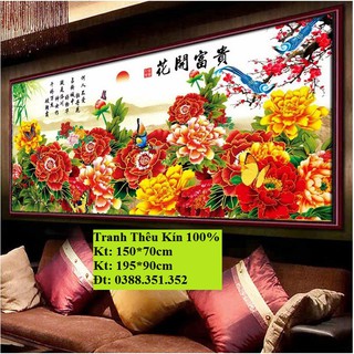 Tranh thêu chữ thập Hoa khai phú quý
