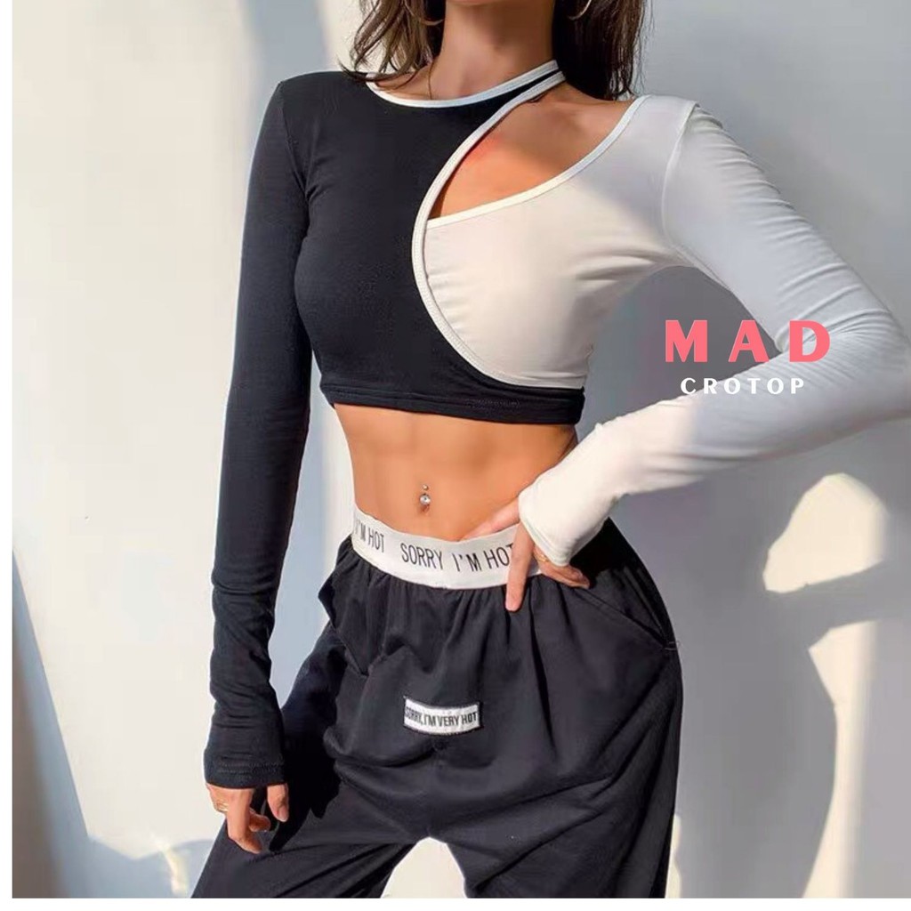 Áo Croptop Phối Hai Màu Hở Vai Tay Dài Chất MadCrotop CRT104