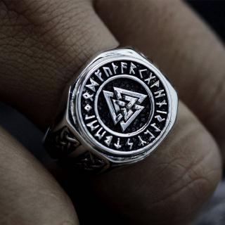 Nhẫn thép không gỉ màu bạc khắc ký tự Rune ma thuật phong cách viking Na-uy cỡ 7-14