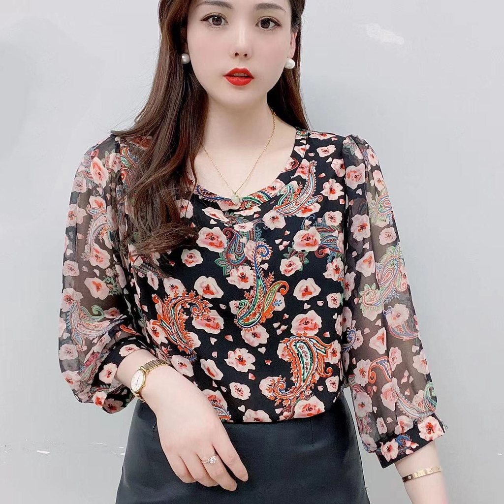Áo Sơ Mi chiffon Ngắn Tay Cổ Tròn In Họa Tiết Hoa Thời Trang Mùa Hè Cho Nữ