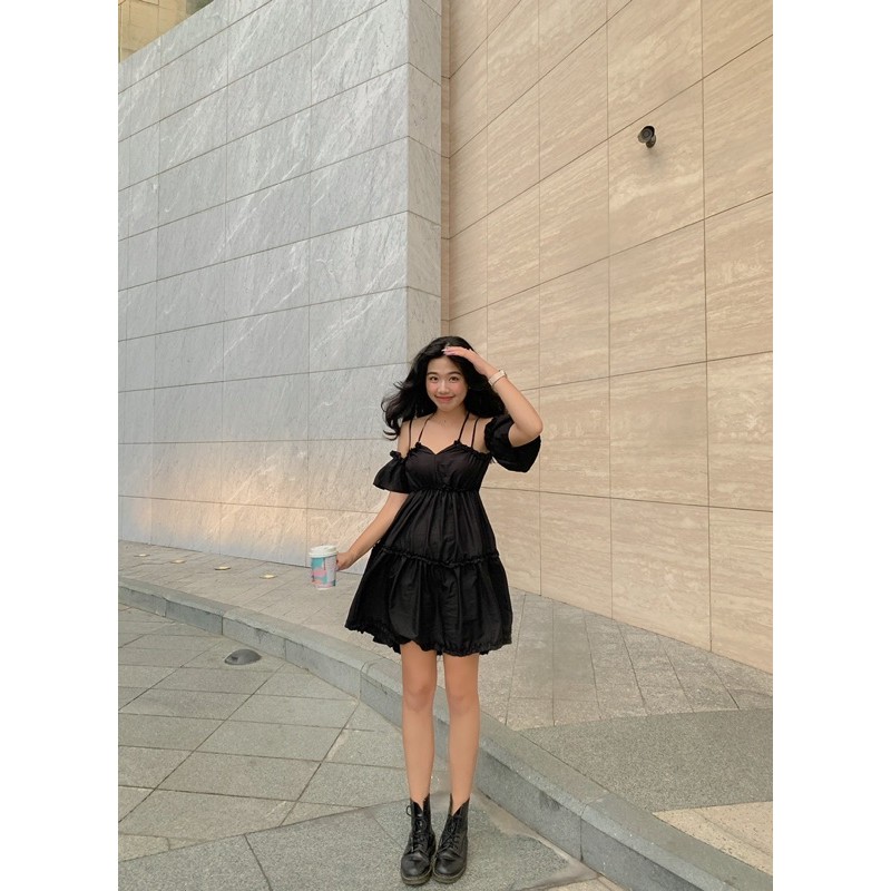 (CLIP THẬT) Đầm babydoll trễ vai dự tiệc đen tay bồng thắt dây nơ cổ | BigBuy360 - bigbuy360.vn