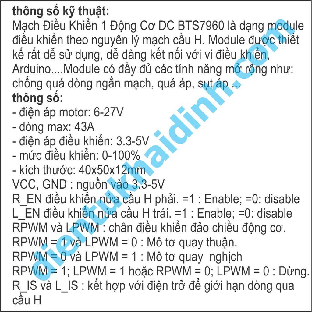 Module Điều Khiển Động Cơ BTS7960 6-27V 43A bảo vệ áp thấp quá dòng áp quá nhiệt KDE2150