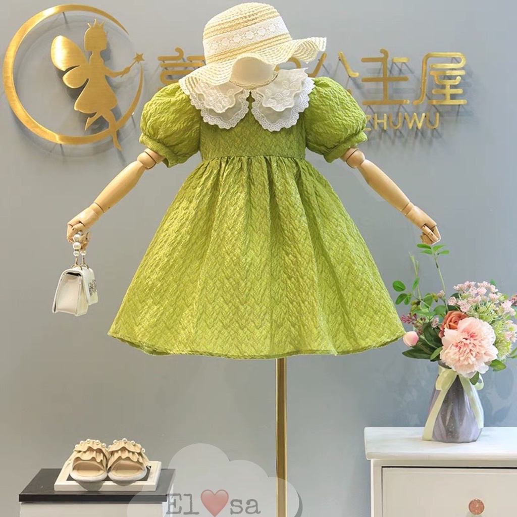 Váy Đũi Tay Bồng Màu Xanh Bơ Cổ Ren Ngọc Cực Xinh Cho Bé gái
