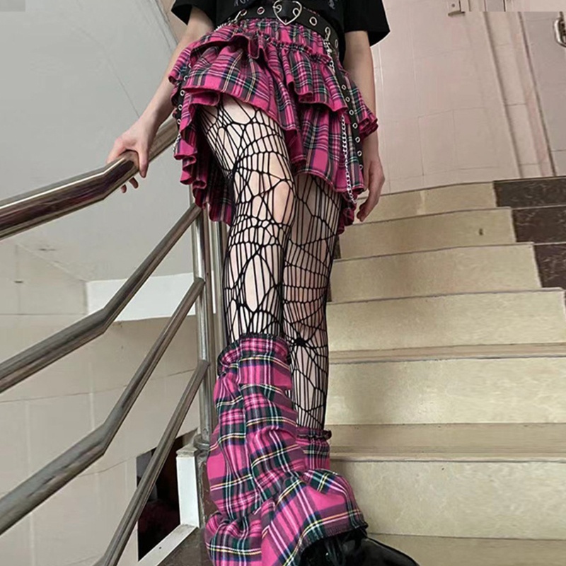 Brroa Chân Váy Xếp Ly Dáng Chữ A Lưng Cao Xếp Ly Viền Bèo Nhún Họa Tiết Kẻ Sọc Phong Cách Gothic Punk Gothic Punk Cho Nữ