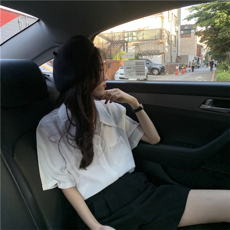 LEEVA - Áo sơ mi nữ trắng ngắn tay dáng basic đơn giản A216