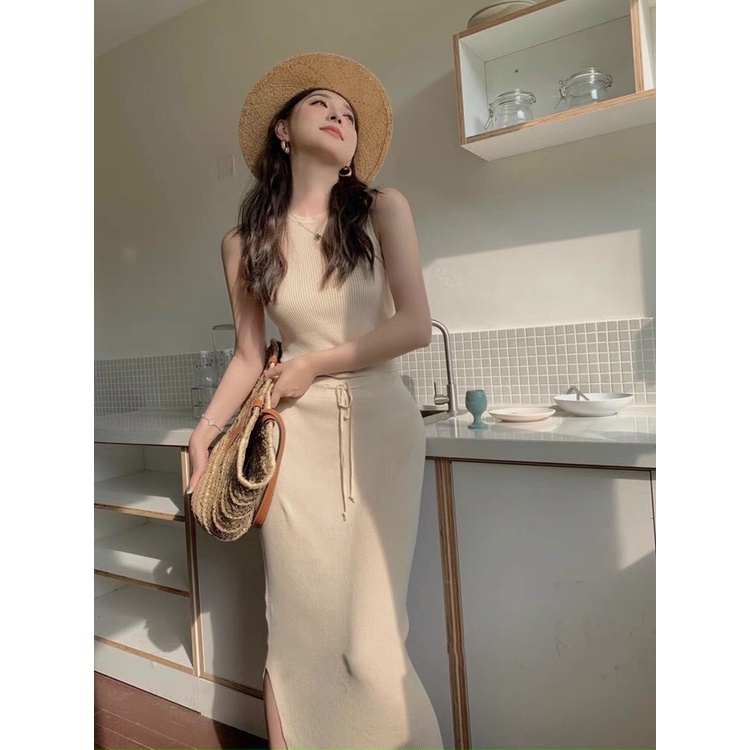 Set len mongtoghi Áo croptop ôm buộc dây + Chân váy dài bút chì