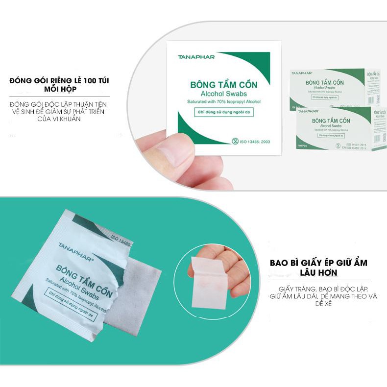 Hộp 100 miếng gạc tẩm cồn sát khuẩn, bông tẩm cồn y tế, cồn khô Alcohol Pads dùng trong y tế và làm đẹp, làm móng