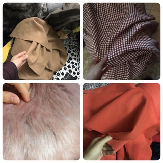 Vải dạ nâu vàng, cam đất, kẻ caro đỏ, lông cổ hồng tôn