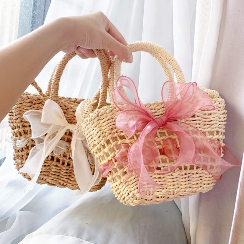 Túi cói mini đan thưa phối nơ xinh xắn đi biển picnic chụp ảnh - Tiệm Cói Cô Lê