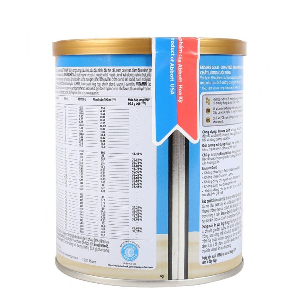 SỮA BỘT ENSURE GOLD HƯƠNG VANI/ ÍT NGỌT HƯƠNG VANI HỘP 400G
