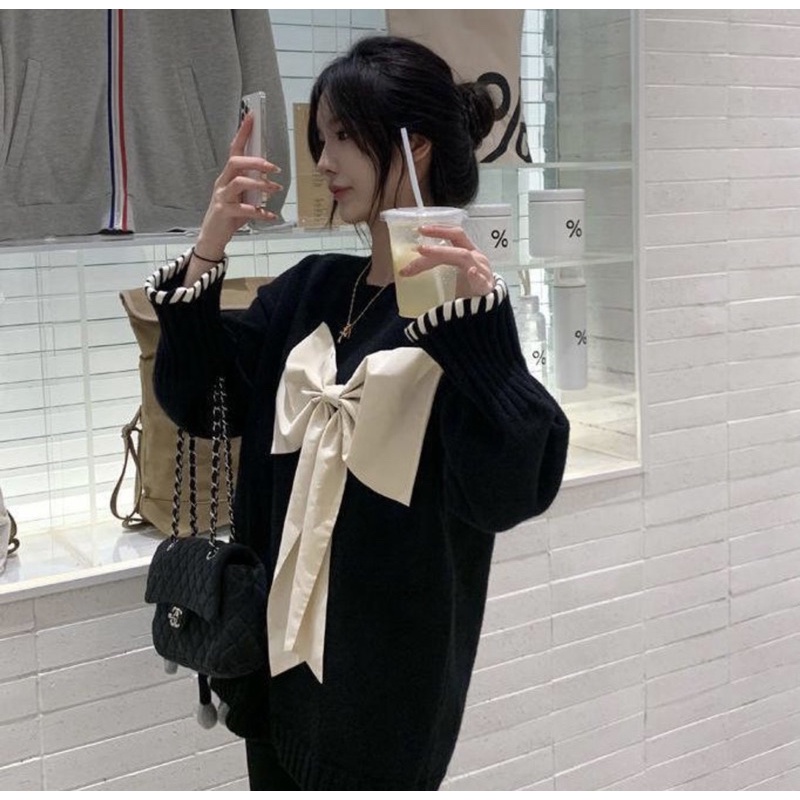 Áo Len Dệt Kim Dáng Rộng Đính Nơ Thời Trang