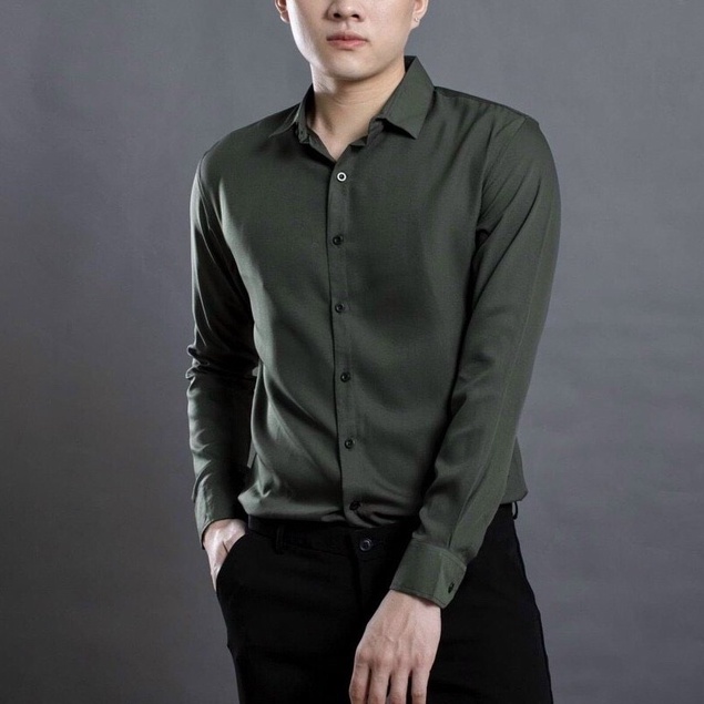 Áo sơ mi nam trơn chất lụa màu xanh rêu tay dài gấp cổ dáng slimfit công sở 8 màu siêu xịn chuẩn shop Binstore94 GU08