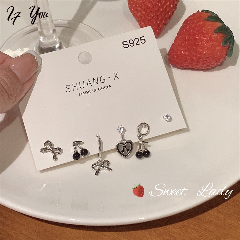 Set 6 khuyên tai AY hình nơ và quả cherry màu đen đính đá giả thời trang cho nữ