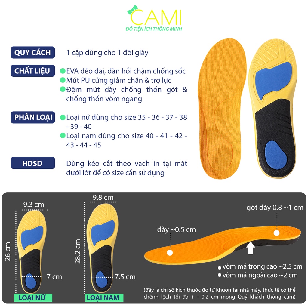 Lót giày EVA ốp mút PU cứng giúp giảm đau mỏi lòng bàn chân - Cami - V01PK180