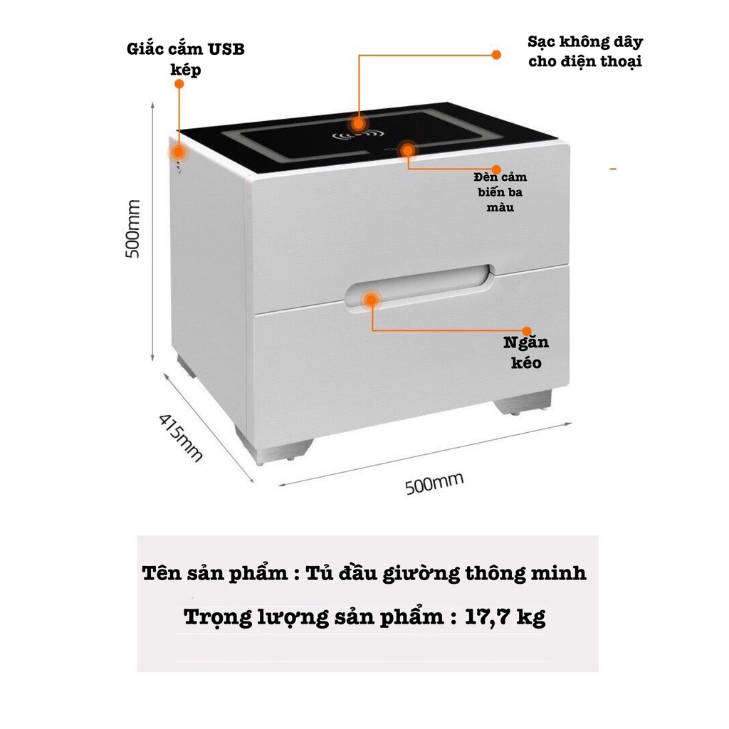 Tủ đầu giường thông minh có đèn led sạc điện thoại không dây thế kệ mới