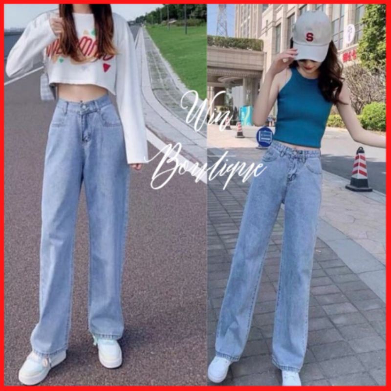 Quần jean bò ống rộng nâu quần jean bò ống suông jeans nữ cạp cao 1 khuy Hottrend 2021Win Boutique