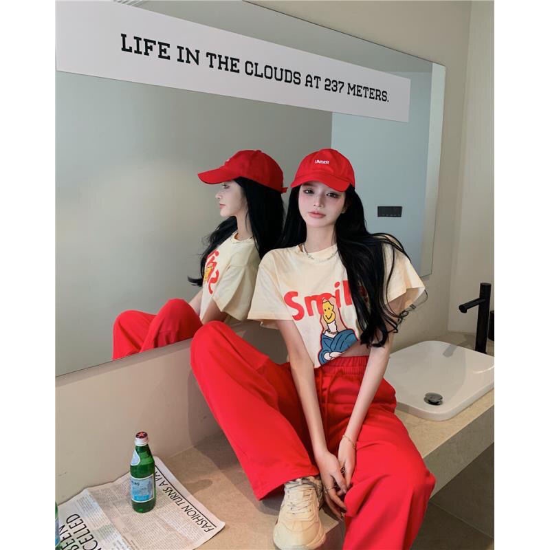 Set Áo Thun Tay Ngắn In Họa Tiết + Quần Ống Rộng Năng Động Hợp Thời Trang