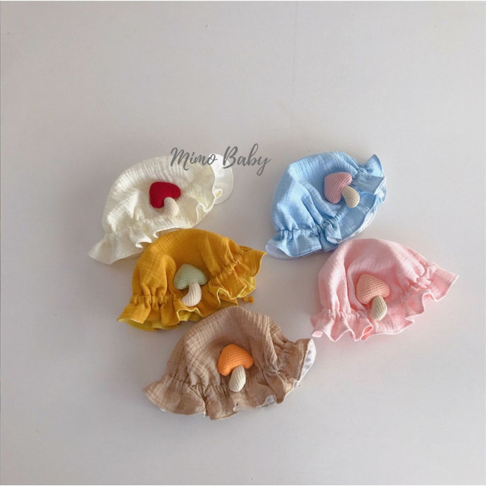 Mũ tai bèo vải xô muslin đính cây nấm, gấu xù siêu đáng yêu cho bé MH139 Mimo Baby