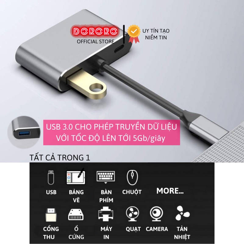 Hub Type C 5 in 1 - Bộ chuyển đổi Type c to HDMI VGA USB 3.0 Type C 3.5 Audio cho Laptop Mac, Dell, Lenovo