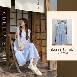Váy nữ 2 dây nhẹ nhàng thắt nơ dáng xòe xinh xắn style ulzzang, Đầm nữ 2 dây bản to chất thô mềm mát hè 2021
