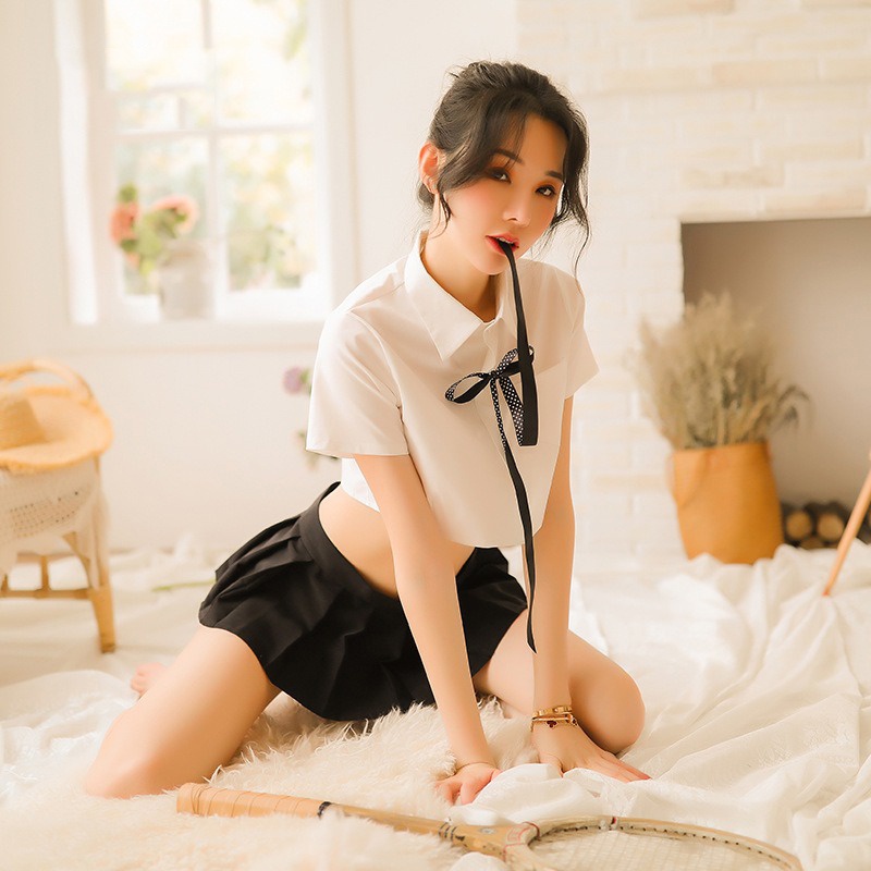 Đồ ngủ sexy nữ cosplay nàng học sinh váy đen áo croptop trắng thắt nơ gợi cảm monly385 | BigBuy360 - bigbuy360.vn
