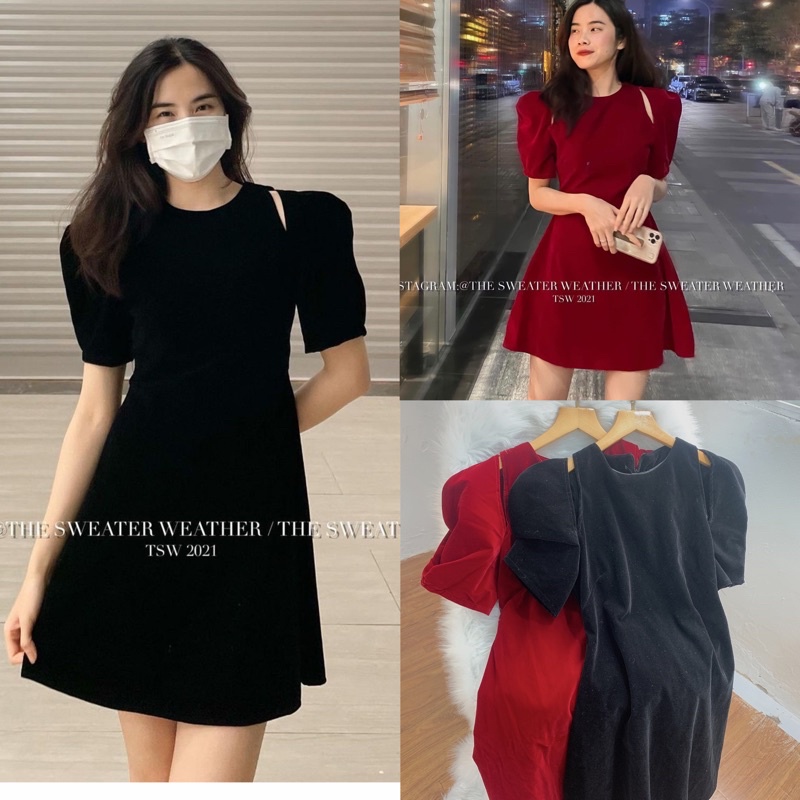 [Ảnh thật/Video] Đầm thiết kế phá cách khoét vai xoè nhẹ sang trọng Váy cổ tròn phong cách của quý cô